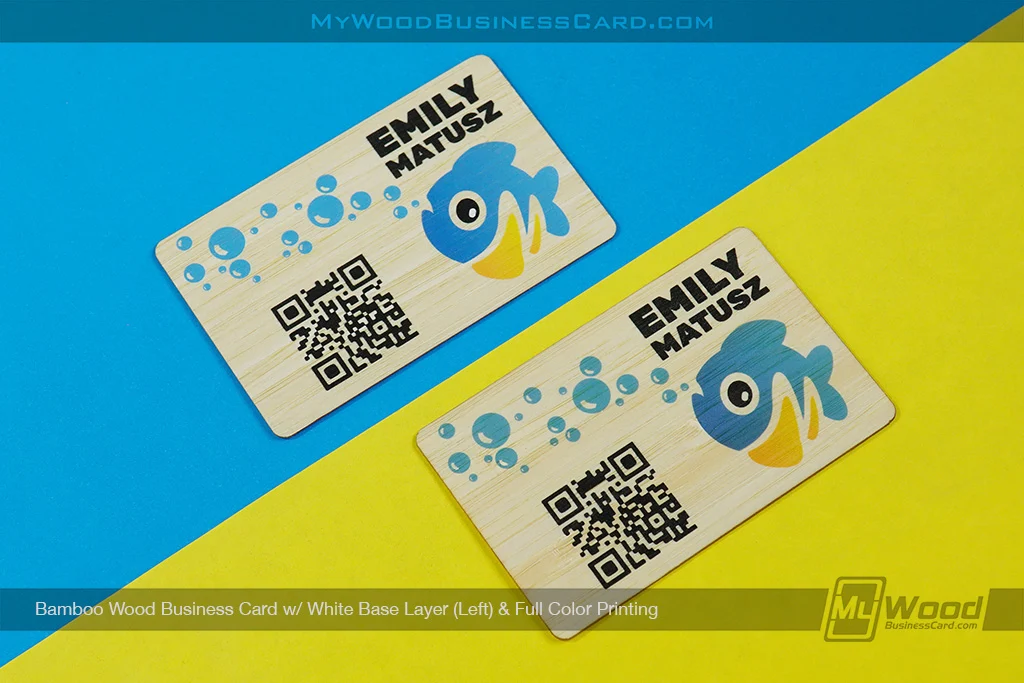 White Ink On Wood Business Cards: When To Use A White Base Layer 9 My Wood Business Card | Bamboo Wood Business Card White Base Layer Full Color Printing Comparison Qr Code