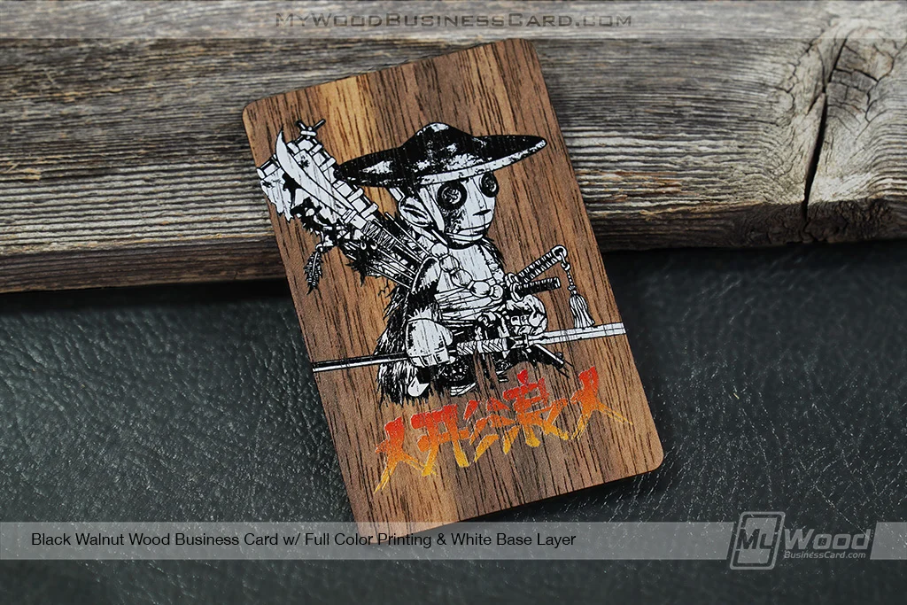 White Ink On Wood Business Cards: When To Use A White Base Layer 7 My Wood Business Card | Black Walnut Wood Business Card Full Color Printing White Base Layer Samurai