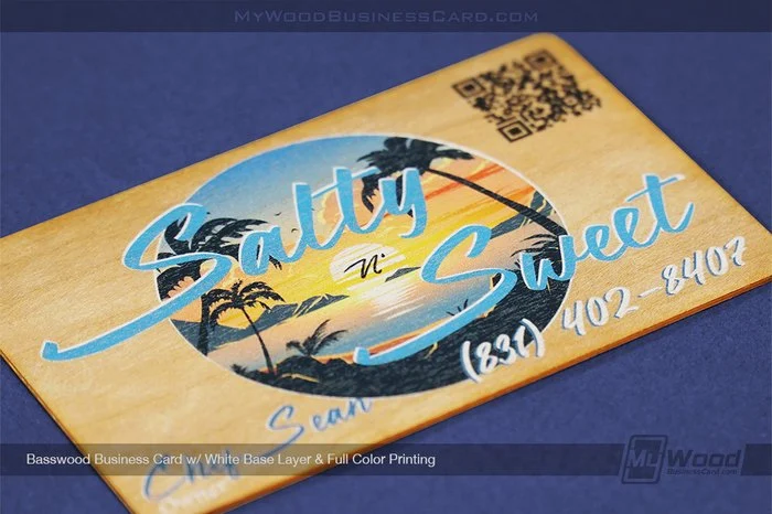 How Wood Grain Changes Your Business Card Design 10 My Wood Business Card | Basswood Business Card White Base Layer Full Color Print Salty Sweet Closeup