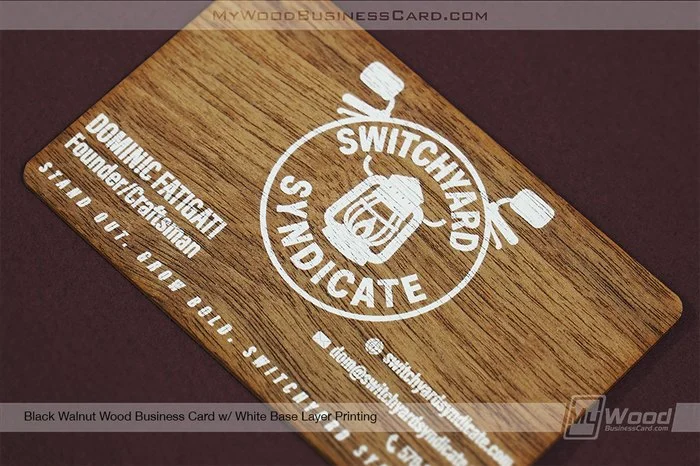 How Wood Grain Changes Your Business Card Design 6 My Wood Business Card | Black Walnut Wood Business Card White Base Layer Printing Switchyard Syndicate Closeup 2