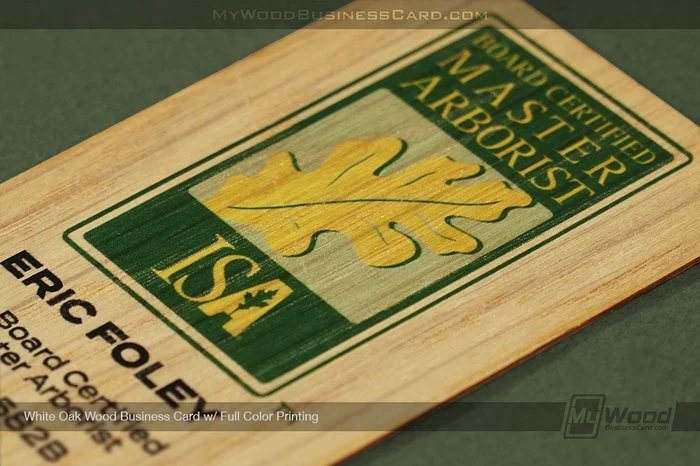 How Wood Grain Changes Your Business Card Design 8 My Wood Business Card | White Oak Wood Business Card Full Color Printing Master Arborist Closeup 1